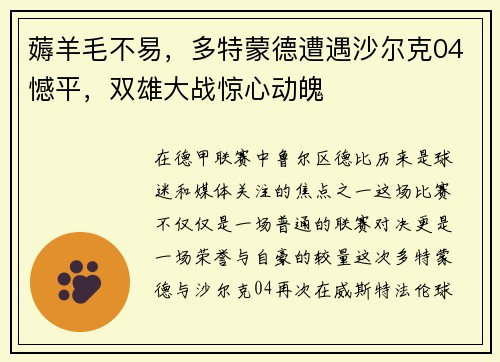 薅羊毛不易，多特蒙德遭遇沙尔克04憾平，双雄大战惊心动魄